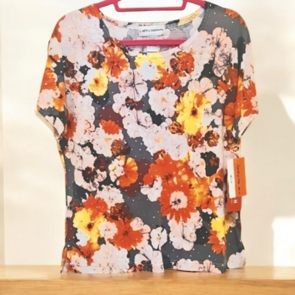 Cathy Daniels Floral Print Women's Top - Gray and Orange Size MED NWT 34$
